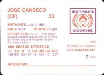 1989 Mother's Cookies Jose Canseco #2 Jose Canseco Back