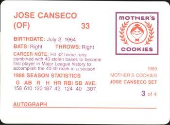 1989 Mother's Cookies Jose Canseco #3 Jose Canseco Back