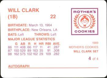 1989 Mother's Cookies Will Clark #4 Will Clark Back