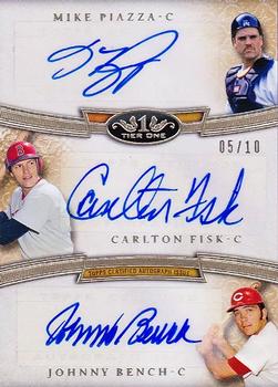 2015 Topps Tier One - Triple Autographs #TA-PFB Mike Piazza / Carlton Fisk / Johnny Bench  Front
