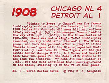 1967 Laughlin World Series #5 1908 Cubs vs Tigers Back