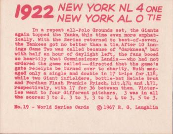 1967 Laughlin World Series #19 1922 Giants vs Yankees Back
