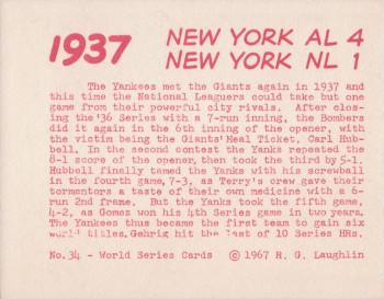 1967 Laughlin World Series #34 1937 Yankees vs Giants Back