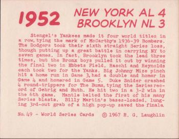 1967 Laughlin World Series #49 1952 Dodgers vs Yanks Back