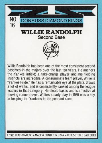 1986 Donruss - Super Diamond Kings #16 Willie Randolph Back