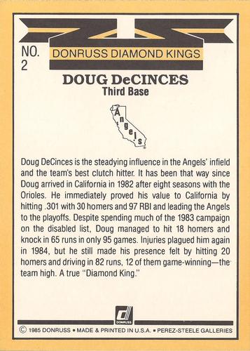 1985 Donruss Super Diamond Kings #2 Doug DeCinces Back