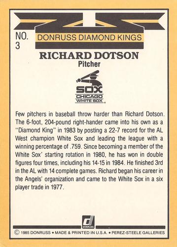 1985 Donruss Super Diamond Kings #3 Richard Dotson Back