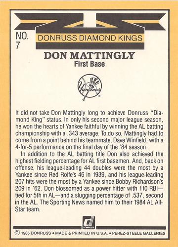 1985 Donruss Super Diamond Kings #7 Don Mattingly Back