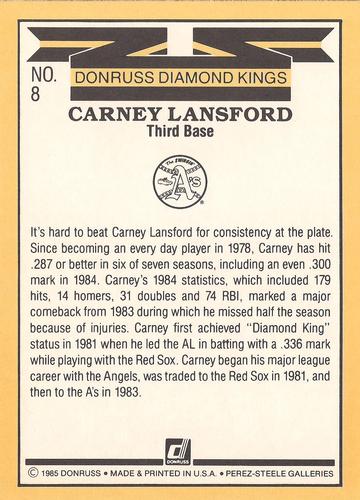 1985 Donruss Super Diamond Kings #8 Carney Lansford Back