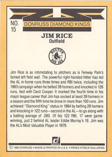 1985 Donruss Super Diamond Kings #15 Jim Rice Back