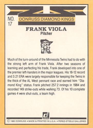 1985 Donruss Super Diamond Kings #17 Frank Viola Back