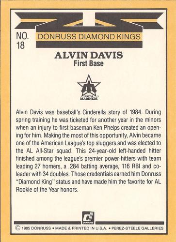 1985 Donruss Super Diamond Kings #18 Alvin Davis Back