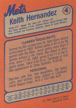 1984 New York Mets MVP Club #4 Keith Hernandez Back