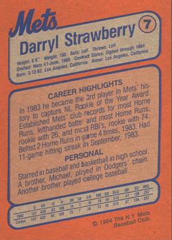 1984 New York Mets MVP Club #7 Darryl Strawberry Back