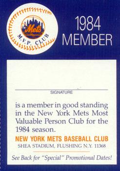 1984 New York Mets MVP Club #9 MVP Club Member Card Front