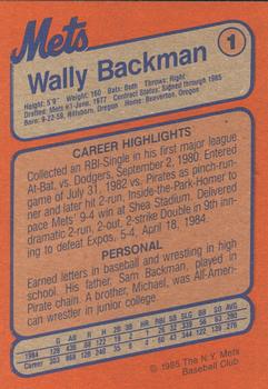 1985 New York Mets Super Fan Club #1 Wally Backman Back