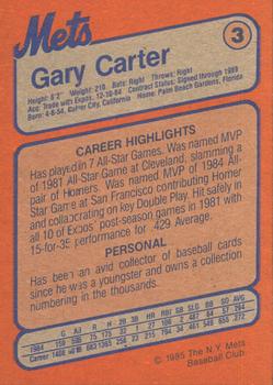 1985 New York Mets Super Fan Club #3 Gary Carter Back