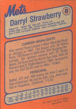 1985 New York Mets Super Fan Club #8 Darryl Strawberry Back