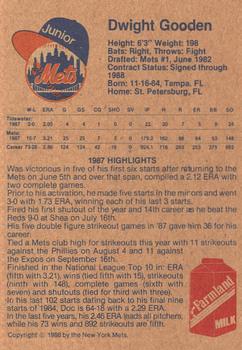 1988 New York Mets Junior Mets Club #NNO Dwight Gooden Back