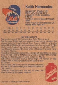 1988 New York Mets Junior Mets Club #NNO Keith Hernandez Back