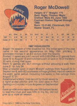 1988 New York Mets Junior Mets Club #NNO Roger McDowell Back