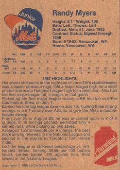 1988 New York Mets Junior Mets Club #NNO Randy Myers Back