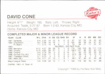 1988 Kahn's New York Mets SGA #NNO David Cone Back