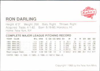 1988 Kahn's New York Mets SGA #NNO Ron Darling Back