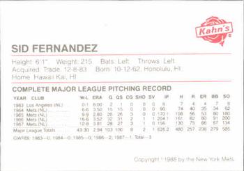 1988 Kahn's New York Mets SGA #NNO Sid Fernandez Back