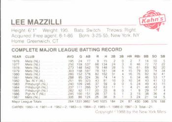 1988 Kahn's New York Mets SGA #NNO Lee Mazzilli Back