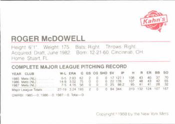 1988 Kahn's New York Mets SGA #NNO Roger McDowell Back