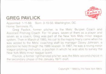 1988 Kahn's New York Mets SGA #NNO Greg Pavlick Back