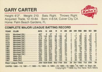 1988 Kahn's New York Mets SGA #NNO Gary Carter Back