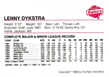 1988 Kahn's New York Mets SGA #NNO Lenny Dykstra Back