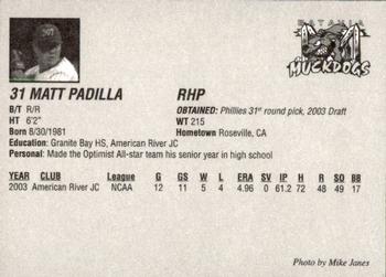 2003 Batavia Muckdogs #31 Matt Padilla Back