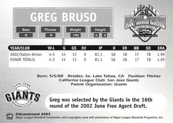 2003 Grandstand California-Carolina League All Stars #NNO Greg Bruso Back