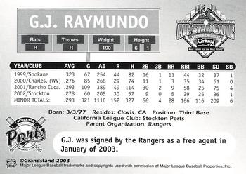 2003 Grandstand California-Carolina League All Stars #NNO G.J. Raymundo Back
