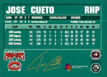 2003 Carolina Mudcats #NNO Jose Cueto Back