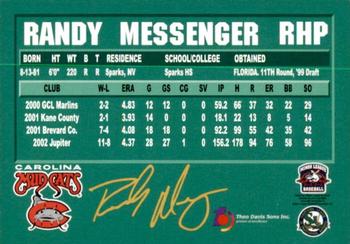 2003 Carolina Mudcats #NNO Randy Messenger Back