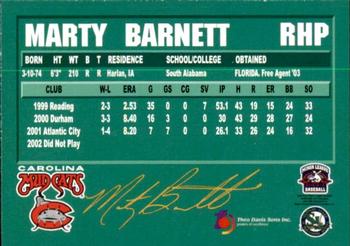 2003 Carolina Mudcats #NNO Marty Barnett Back