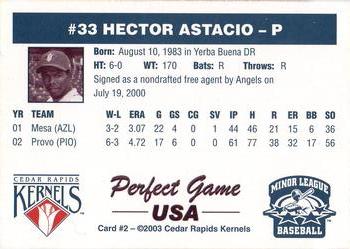 2003 Perfect Game Cedar Rapids Kernels #2 Hector Astacio Back