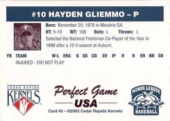 2003 Perfect Game Cedar Rapids Kernels #5 Hayden Gliemmo Back