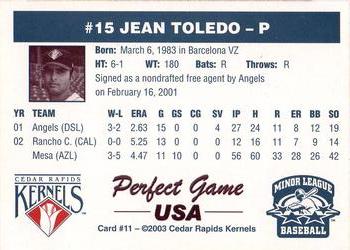2003 Perfect Game Cedar Rapids Kernels #11 Jean Toledo Back