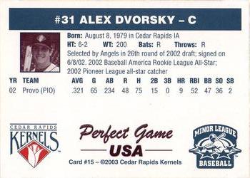 2003 Perfect Game Cedar Rapids Kernels #15 Alex Dvorsky Back