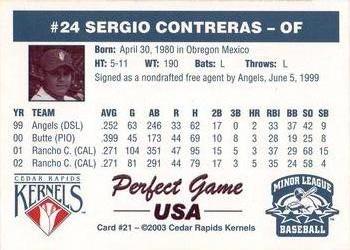 2003 Perfect Game Cedar Rapids Kernels #21 Sergio Contreras Back