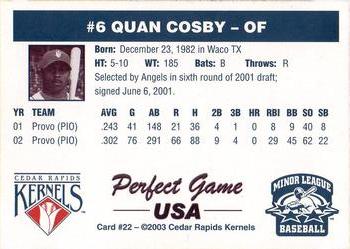 2003 Perfect Game Cedar Rapids Kernels #22 Quan Cosby Back