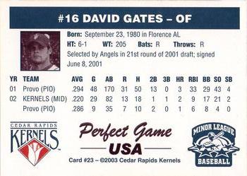2003 Perfect Game Cedar Rapids Kernels #23 David Gates Back