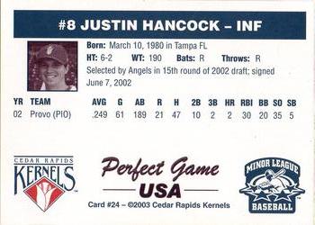 2003 Perfect Game Cedar Rapids Kernels #24 Justin Hancock Back
