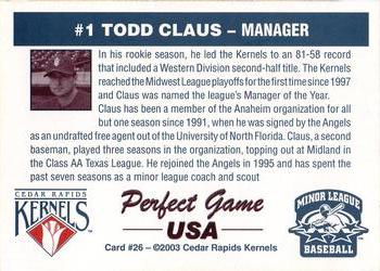 2003 Perfect Game Cedar Rapids Kernels #26 Todd Claus Back
