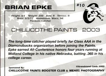 2003 Grandstand Chillicothe Paints #10 Brian Epke Back